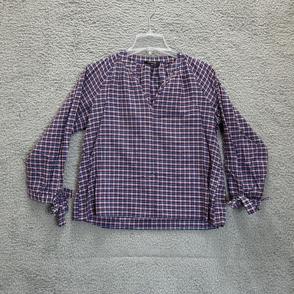 Madewell Shirt Womens Small Whitby Plaid Tie Sleeve Popover Top Peasant - Picture 1 of 8